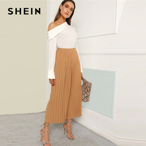 SHEIN Khaki Boho Pleated Panel Wide Leg Loose Plain Crop Pants Women 2019 Spring Mid Waist Workwear Elastic Waist Trousers