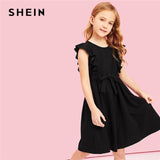SHEIN Kiddie Black Ruffle Belted Armhole A Line Party Girls Summer Dress 2019 Sleeveless Casual Kids Dresses For Girls Clothes