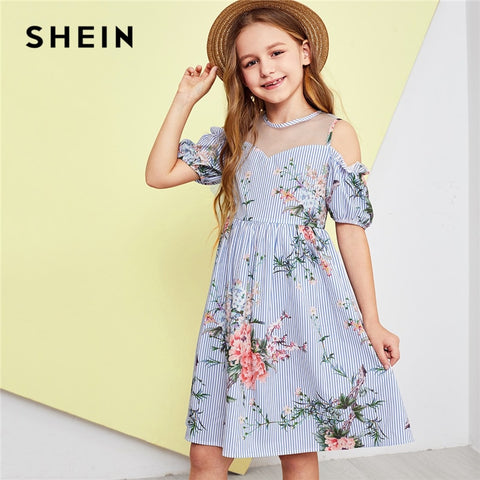 SHEIN Kiddie Girls Blue Mesh Insert Cold Shoulder Floral Striped Casual Dress Kids 2019 Summer Korean Short Sleeve Zipper Dress