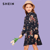 SHEIN Kiddie Navy Stand Collar Floral Print Zipper Bow Casual Dress Girls Clothes 2019 Long Sleeve A Line Beach Kids Short Dress