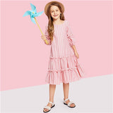SHEIN Kiddie Pink Lantern Sleeve Layered Ruffle Striped Button Elegant Girls Dress 2019 Summer Cute A Line Casual Kids Dresses