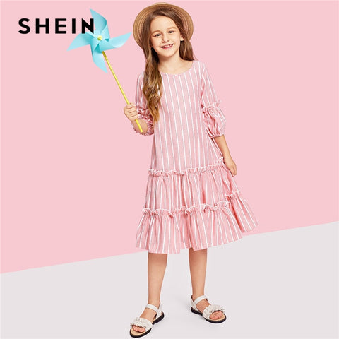 SHEIN Kiddie Pink Lantern Sleeve Layered Ruffle Striped Button Elegant Girls Dress 2019 Summer Cute A Line Casual Kids Dresses