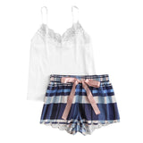 SHEIN Lace Spaghetti Strap Cami & Scalloped Plaid Shorts Pajama Sets Women Sleeveless Casual Nightwear 2018 Girl School 2 Pieces