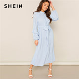 SHEIN Lady Casual Blue Frill Neck Belted Solid Pleated Maxi Dress Women Elegant Stand Collar Bishop Sleeve Party Dresses