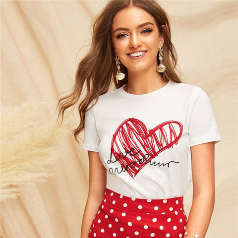 SHEIN Lady Simple Round Neck Graphic Print White T Shirt Summer Casual Minimalist Short Sleeve Letter Women Tshirt Tops