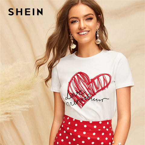 SHEIN Lady Simple Round Neck Graphic Print White T Shirt Summer Casual Minimalist Short Sleeve Letter Women Tshirt Tops
