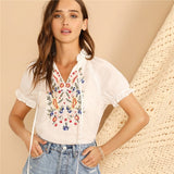 SHEIN Lady Tie Neck Puff Sleeve Flower Embroidered Blouse Stand Collar Ruffle Trim Women White Blouse Summer Shirts And Blouses
