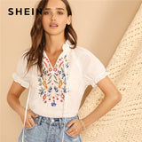 SHEIN Lady Tie Neck Puff Sleeve Flower Embroidered Blouse Stand Collar Ruffle Trim Women White Blouse Summer Shirts And Blouses