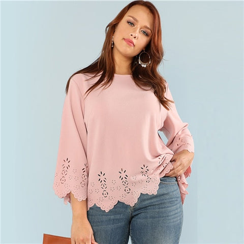 SHEIN Laser Cut Solid Top 2018 Summer Round Neck Three Quarter Length Flounce Sleeve Plus Size Blouse Women Elegant Pink Top