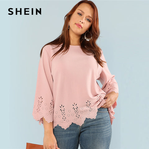 SHEIN Laser Cut Solid Top 2018 Summer Round Neck Three Quarter Length Flounce Sleeve Plus Size Blouse Women Elegant Pink Top