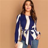 SHEIN Modern Lady Navy Self Belted Striped Scoop Neck Shirt Pullovers Top Women Streetwear Autumn Minimalist Elegant Blouse