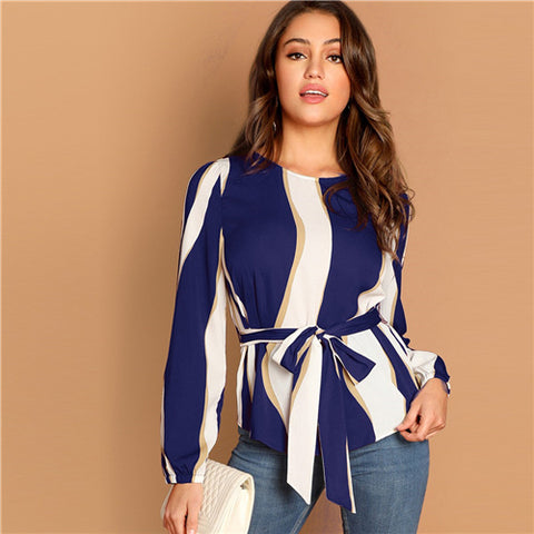 SHEIN Modern Lady Navy Self Belted Striped Scoop Neck Shirt Pullovers Top Women Streetwear Autumn Minimalist Elegant Blouse