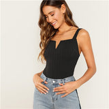SHEIN Modern Lady Streetwear Black V-Notch Thick Strap Rib-Knit Sleeveless Slim Fit Plain Top Summer Women Solid Vests
