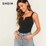 SHEIN Modern Lady Streetwear Black V-Notch Thick Strap Rib-Knit Sleeveless Slim Fit Plain Top Summer Women Solid Vests