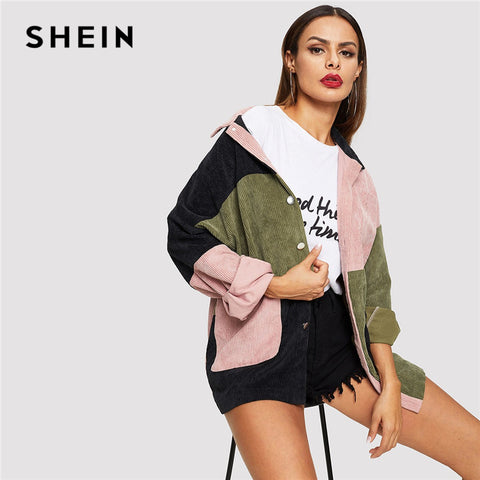 SHEIN Multicolor Casual Colorblock Cut And Sew Single Breasted Pocket Front Corduroy Jacket Autumn Leisure Women Coat Outerwear