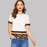 SHEIN Multicolor Color Block Leopard Print Tee Women Slim Fit T-shirt Summer Stretchy Round Neck Spring Solid Tshirts Top