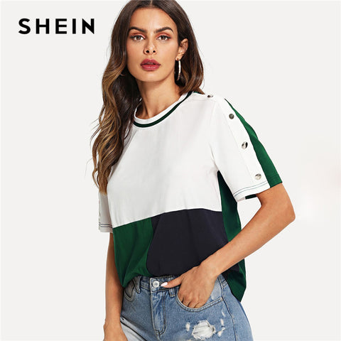 SHEIN Multicolor Colorblock Buttoned Sleeve Cut and Sew T-shirt Short Sleeve Round Neck 2019 Summer Casual Women Tee Tops