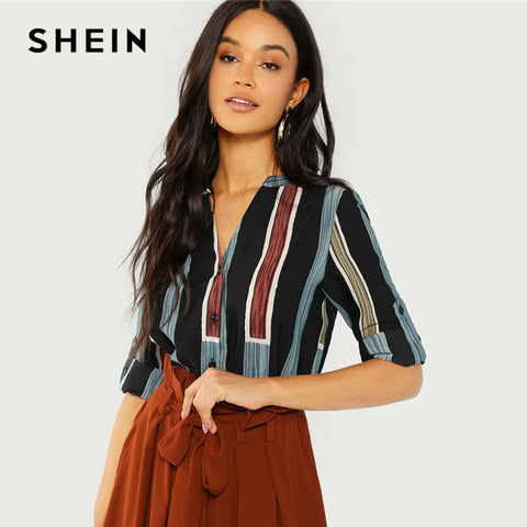 SHEIN Multicolor Cotton V Cut Neck Striped Shirt Casual Roll Up Sleeve Button Placket Blouse Women Autumn Elegant Workwear Tops
