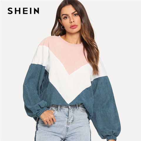 SHEIN Multicolor Cut and Sew Chevron Sweatshirt Preppy Round Neck Bishop Sleeve Pullovers Women Autumn Colorblock Sweatshirts