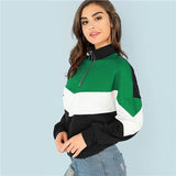 SHEIN Multicolor Elegant Casual O-Ring Zip Front Cut And Sew Colorblock Stand Collar Sweatshirt 2018 Autumn Women Sweatshirts
