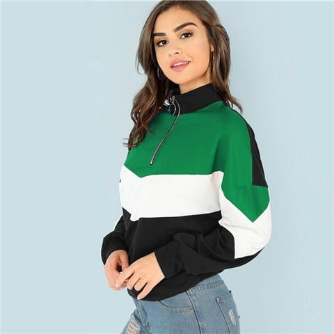 SHEIN Multicolor Elegant Casual O-Ring Zip Front Cut And Sew Colorblock Stand Collar Sweatshirt 2018 Autumn Women Sweatshirts
