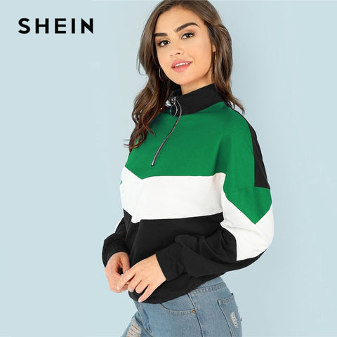 SHEIN Multicolor Elegant Casual O-Ring Zip Front Cut And Sew Colorblock Stand Collar Sweatshirt 2018 Autumn Women Sweatshirts