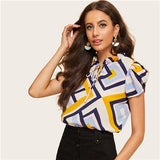 SHEIN Multicolor Frilled Tie Neck Petal Sleeve Geometric Print Top Casual Blouse Women Summer Office Lady Workwear Blouses