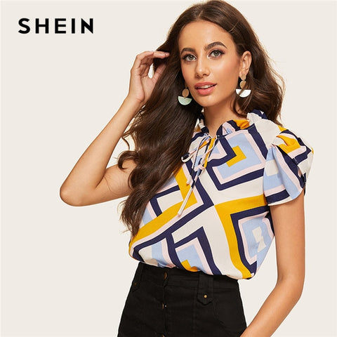 SHEIN Multicolor Frilled Tie Neck Petal Sleeve Geometric Print Top Casual Blouse Women Summer Office Lady Workwear Blouses