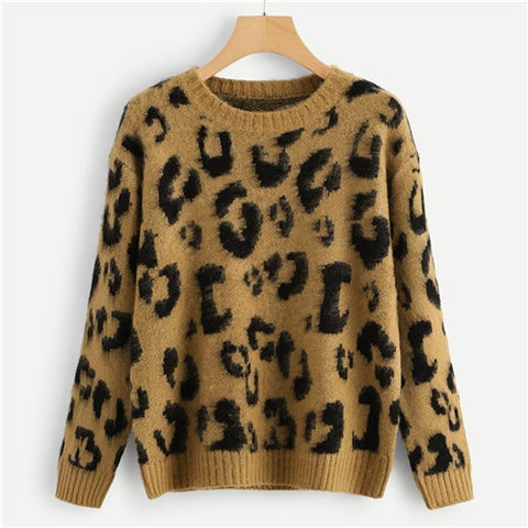 SHEIN Multicolor Highstreet Elegant Leopard Print Fuzzy Round Neck Pullovers Jumper 2018 Autumn Casual Campus Women Sweaters