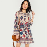 SHEIN Multicolor Lace Eyelet Flower Print Dress Beach Vacation Botanical Short Dresses Women Autumn Streetwear Tunic Mini Dress