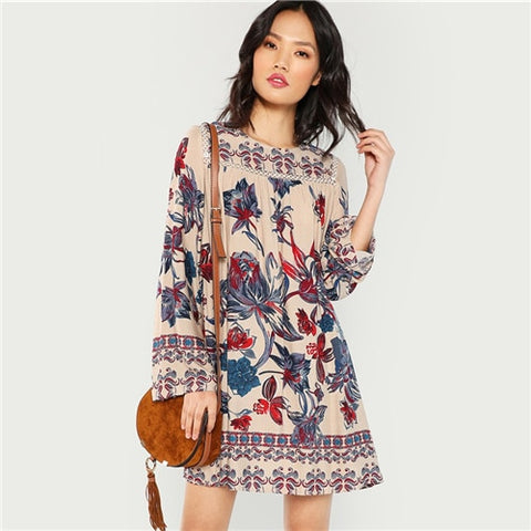 SHEIN Multicolor Lace Eyelet Flower Print Dress Beach Vacation Botanical Short Dresses Women Autumn Streetwear Tunic Mini Dress