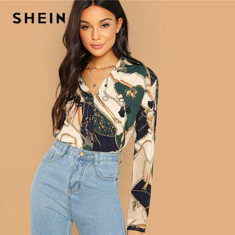 SHEIN Multicolor Mixed Print Curved Hem Shirt Elegant Long Sleeve V Neck Fashion Shirt Women 2018 Autumn Casual Tops And Shirts