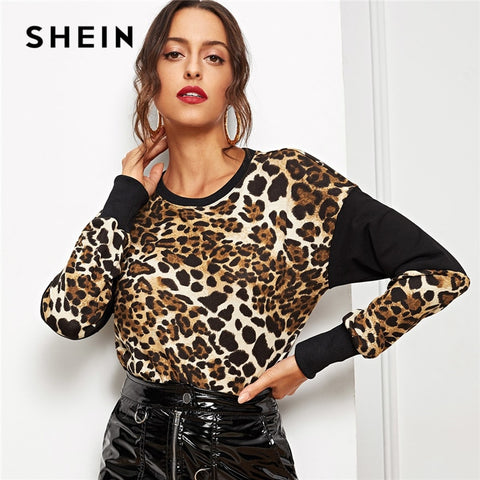 SHEIN Multicolor Modern Lady Leopard Color-Block Round Neck  Long Sleeve Pullover Women Autumn Plain Minimalist Sweatshirts