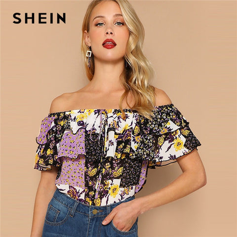 SHEIN Multicolor Off Shoulder Layered Foldover Colorblock Floral Blouse Vacation Ruffle Drawstring Women 2019 Summer Beach Tops