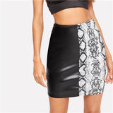 SHEIN Multicolor Snakeskin Print PU Bodycon Skirts Womens Summer Mid Waist Color-block High Street Sexy and Club Mini Skirt