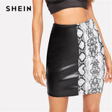 SHEIN Multicolor Snakeskin Print PU Bodycon Skirts Womens Summer Mid Waist Color-block High Street Sexy and Club Mini Skirt