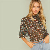 SHEIN Multicolor Weekend Casual Button Keyhole Back Frill Neck Stand Collar Half Sleeve Blouse Autumn Women Going Out Shirt Top
