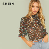 SHEIN Multicolor Weekend Casual Button Keyhole Back Frill Neck Stand Collar Half Sleeve Blouse Autumn Women Going Out Shirt Top