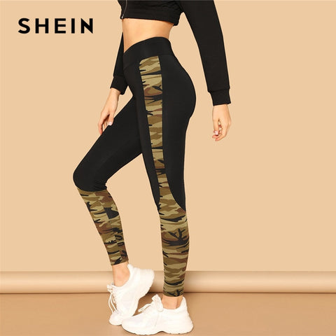 SHEIN Multicolor Wide Waist Camouflage Print Skinny Sporting Leggings Women Mid Waist Spring Leisure Casual Workout Leggings