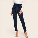 SHEIN Navy Elegant Paperbag Waist Belted Detail Solid High Waist Pants Women Fashion Frill Trim Elastic Waist Carrot Pants