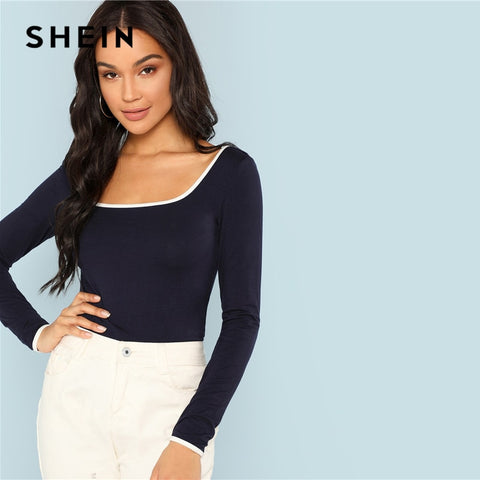 SHEIN Navy Office Lady Elegant Scoop Neck Ringer Long Sleeve Solid Pullovers Tee 2018 Autumn Casual Women T-shirt And Top