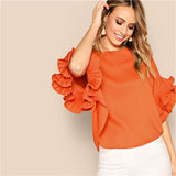 SHEIN Neon Orange Zip Back Layered Pleated Sleeve Top Blouse Summer Women O-Neck Solid Elegant Office Lady Tops and Blouses