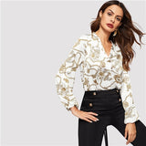 SHEIN Office Lady White Cut-out V Neck Chain Print Top 2019 Elegant Workwear Long Sleeve Blouse Women Autumn Top Blouses