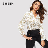 SHEIN Office Lady White Cut-out V Neck Chain Print Top 2019 Elegant Workwear Long Sleeve Blouse Women Autumn Top Blouses