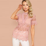 SHEIN Pastel Pink Sexy Mock-Neck Guipure Lace Top Without Bra Women Summer Stand Collar Slim Fit Sheer Blouses Ladies Tops