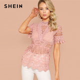 SHEIN Pastel Pink Sexy Mock-Neck Guipure Lace Top Without Bra Women Summer Stand Collar Slim Fit Sheer Blouses Ladies Tops