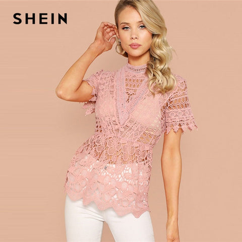 SHEIN Pastel Pink Sexy Mock-Neck Guipure Lace Top Without Bra Women Summer Stand Collar Slim Fit Sheer Blouses Ladies Tops