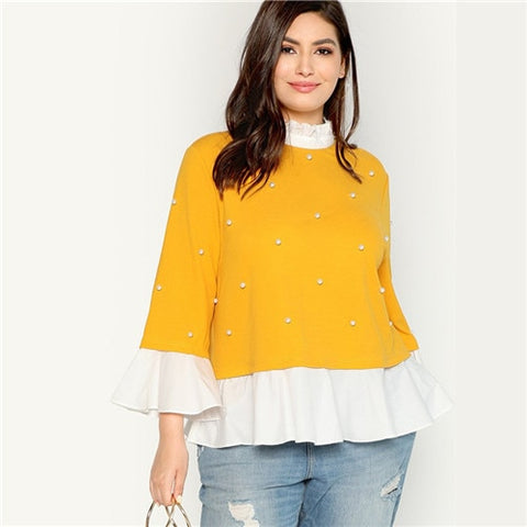 SHEIN Pearl Beaded Ruffle Stand Collar Butterfly Sleeve Ginger Plus Size Womens Blouse 2018 Patchwork Ruffle Hem Autumn Blouse