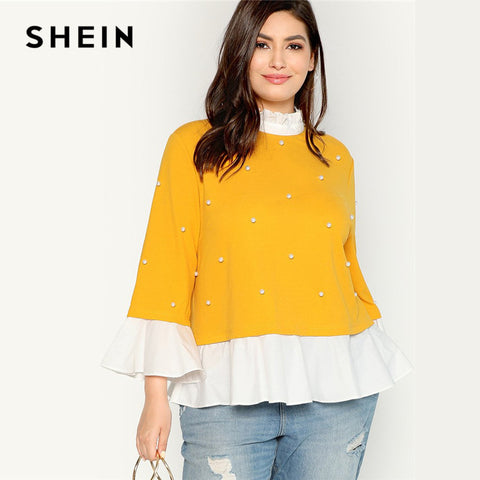 SHEIN Pearl Beaded Ruffle Stand Collar Butterfly Sleeve Ginger Plus Size Womens Blouse 2018 Patchwork Ruffle Hem Autumn Blouse