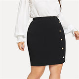 SHEIN Pencil Skirts Gold Button Detail Textured Plus Size Women Black Elegant Office Lady Work Big Size Short Skirts